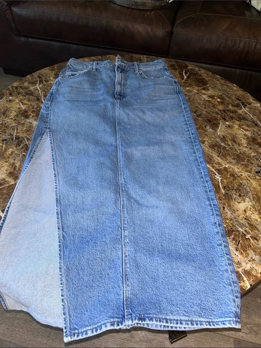 Mother the split second Classic Blue Denim Midi Skirt high diagonal front slit